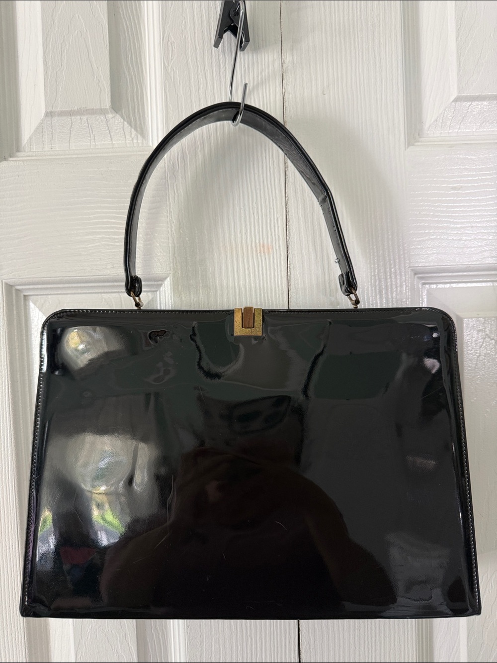 Vintage Mid-century Structured Black Patent Leather top-handle handbag